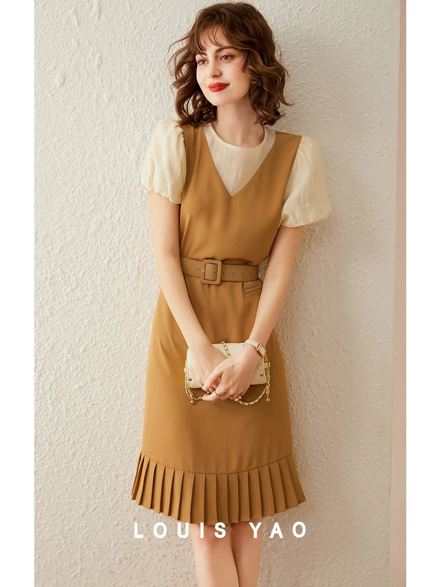 

LOUIS YAO Women Dress Fake Two Pieces Elegant Puff Sleeve A-line Dress 2024 Summer High Waist with Belt Mid Length Dress