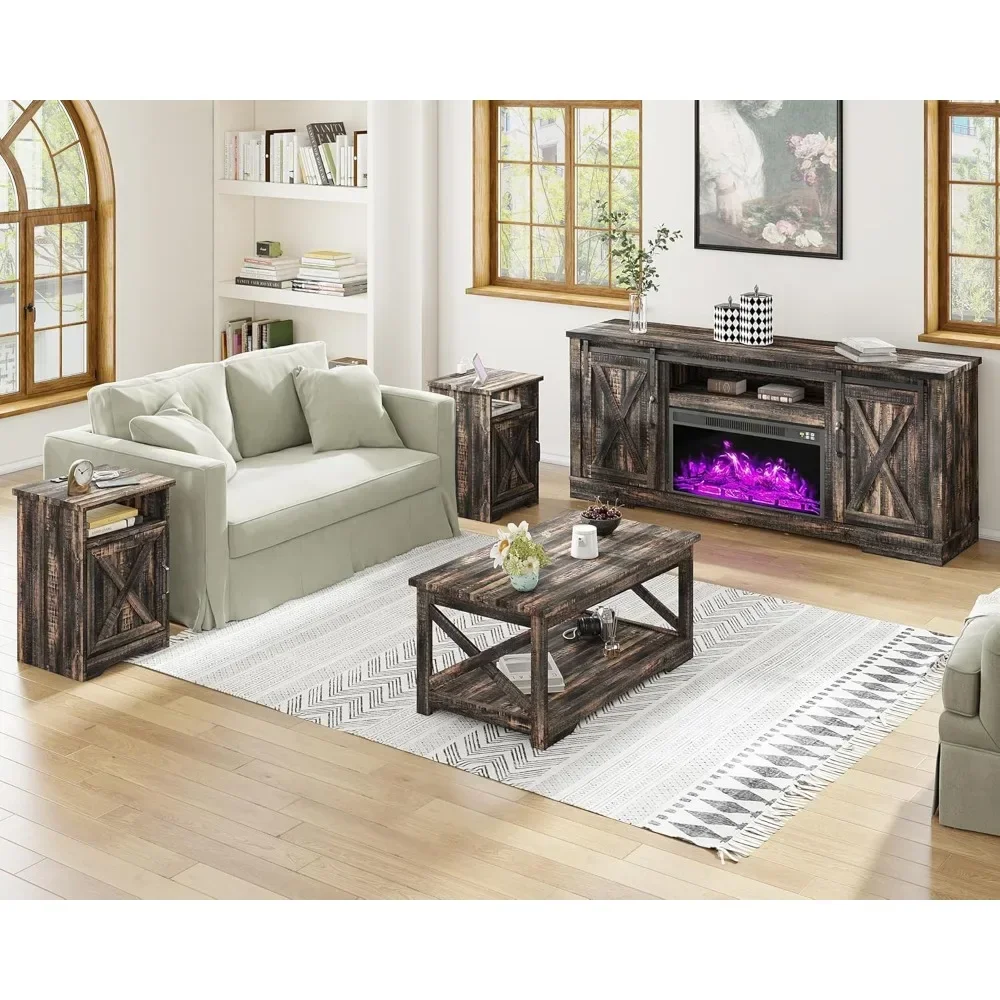 5-Piece Farmhouse Table Set includes Fireplace TV Stand, Coffee Table& Two End Tables with Charging Station and USB Ports