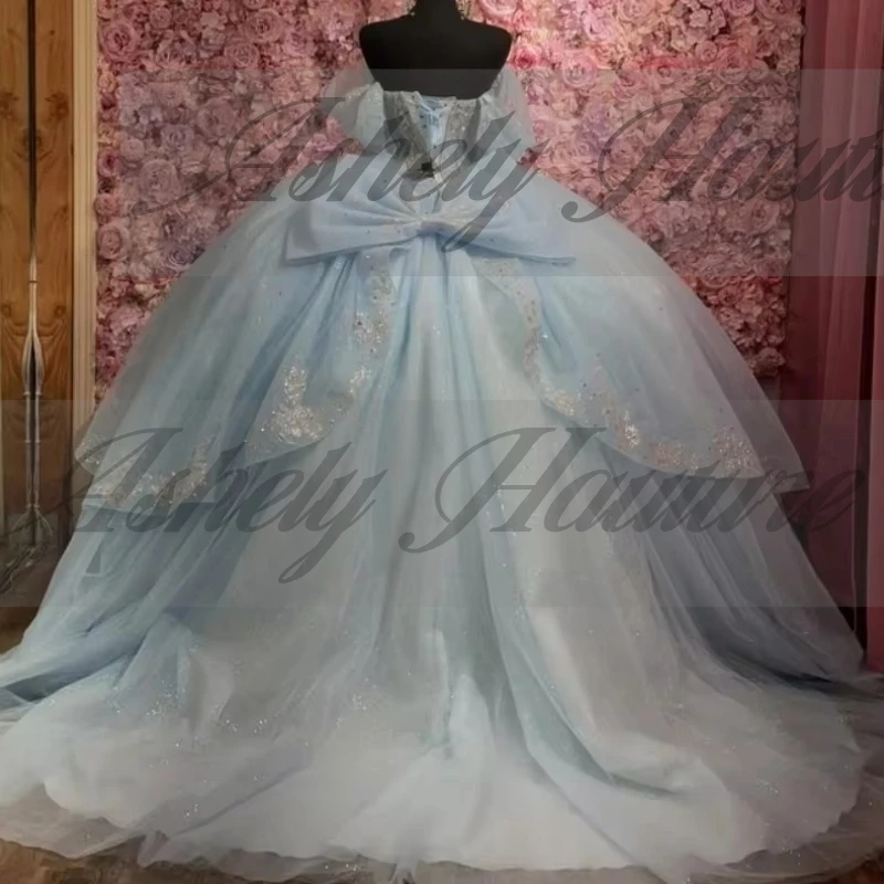 Maßgeschneidertes eisblaues süßes 16-Quinceanera-Kleid mit Kristallschleife, Ballkleid, Abschlussball, Geburtstag, Partykleid, Anlasskleidung, Vestidos de 15 Jahre