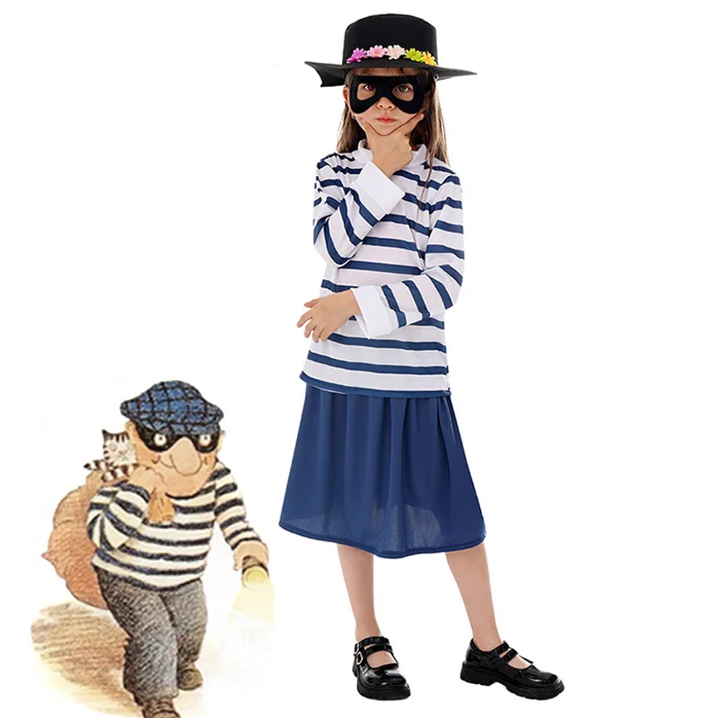 Storybook Kids Burglar Bill Robber Costume Set Striped Shirt Eye Patch Thief Cosplay for Girls Halloween Party World Book Day