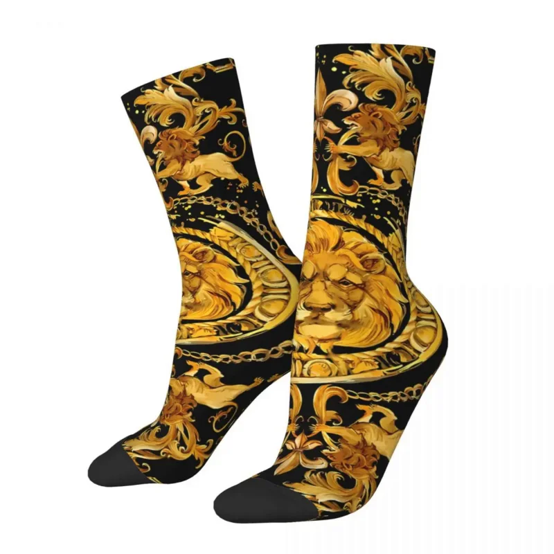 

Y2K Retro Luxury Design Men'S Socks Golden Lion And Damask Unisex Hip Hop Seamless Printed Happy Crew Sock Gift