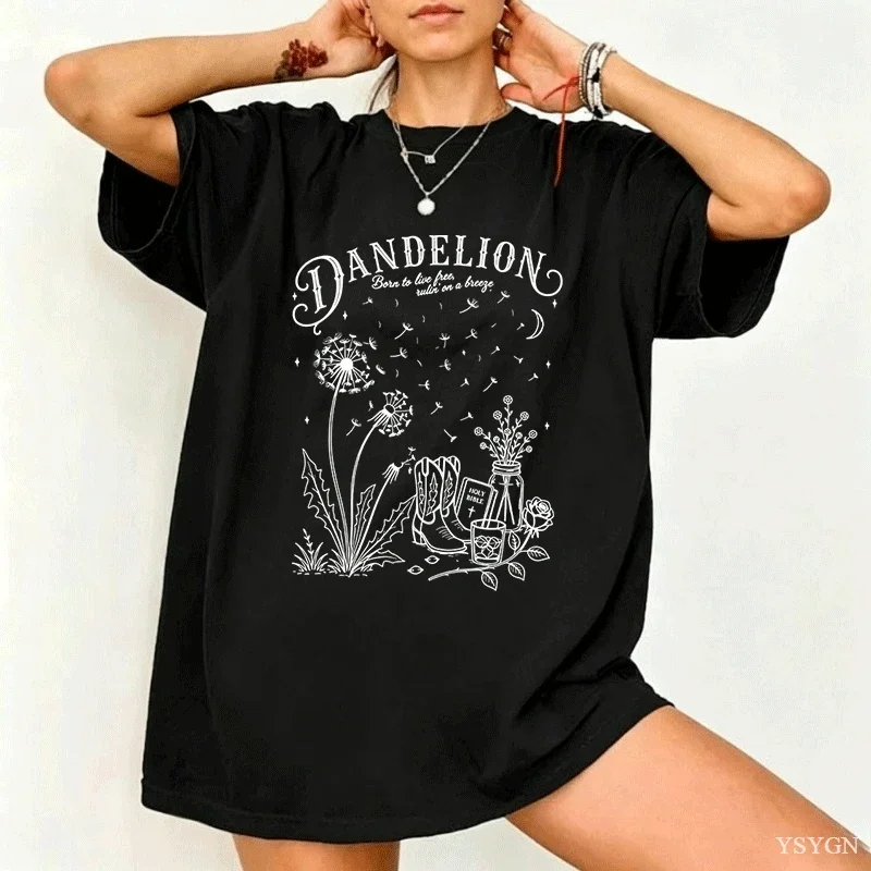 Dandelion T Shirt Women Vintage Wildflower Tee Shirt Casual Round Neck Cowgirl T-Shirt Country Cotton Short Sleeve Tshirt Tops