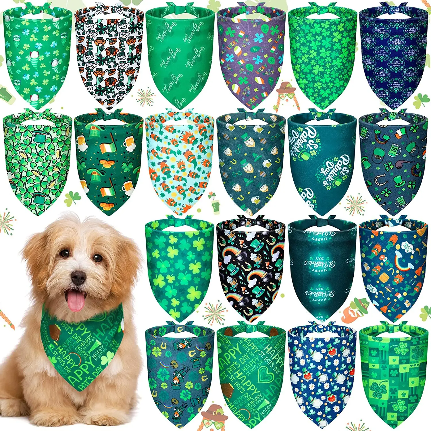 St. Patrick's Day Dog Bandanas Irish Clover Shamrock Triangle Scarf Adjustable Dog Bandanas For Small Medium Dogs Cats Pets Bib