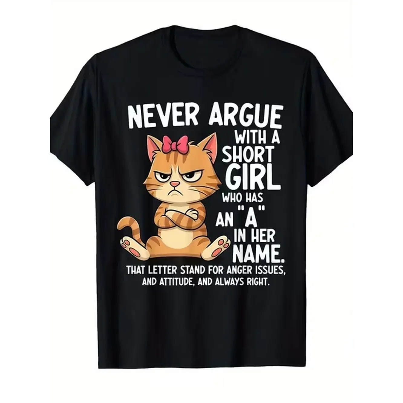 Personalized Black T Shirt Featuring An Angry Cartoon With An Orange Furry Cat And A Slogan That Never Argue With A Short Including A Name This Fun An
