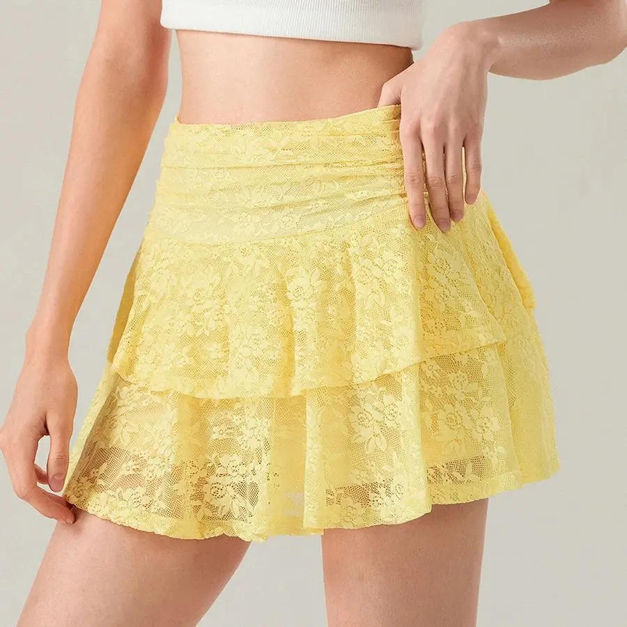 Minifalda de encaje Y2K para mujer, falda en capas con volantes de tiro bajo, falda acampanada plisada de malla transparente, falda de hadas fluida para verano, ropa de calle