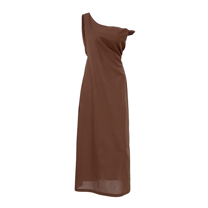 

Brown Off Shoulder Dress, Women's Summer Design Sense, Waist Cinching Diagonal Collar Long Skirt, A-Line Skirt