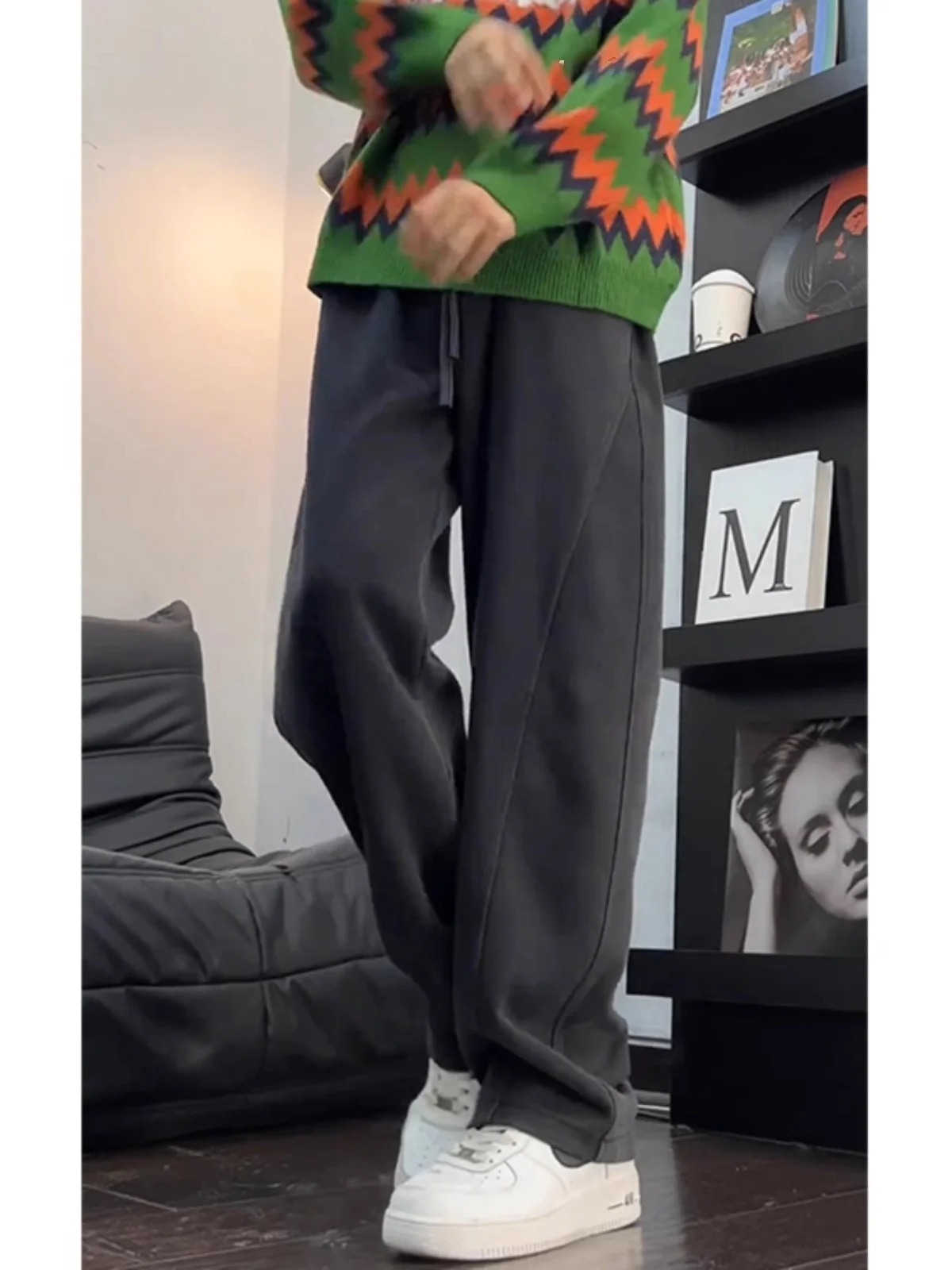 ay Fce Lined Wide Leg Men's Sweatpants Autumn Winter Drape Heavy American Sport Straight Casual Long Trousers