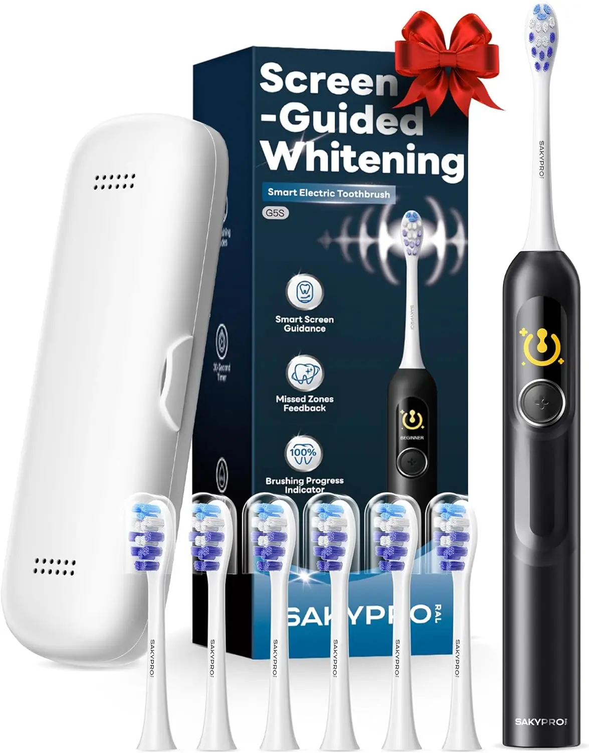 

Smart Sonic Electric Toothbrush with 6 Brush Heads, Rechargeable Battery, Whitening and Travel Case for All Ages