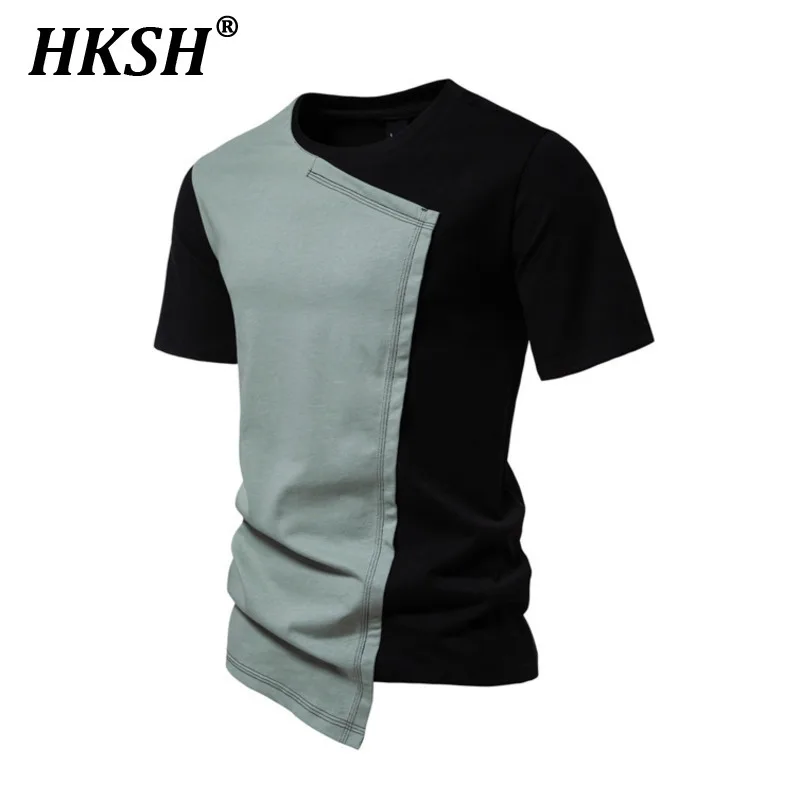 

HKSH Men's Tide Irregular Short Sleeve T-shirt Cotton Spliced Contrast Color China-Chic Tops Chinese Patchwork Style Tees HK0971