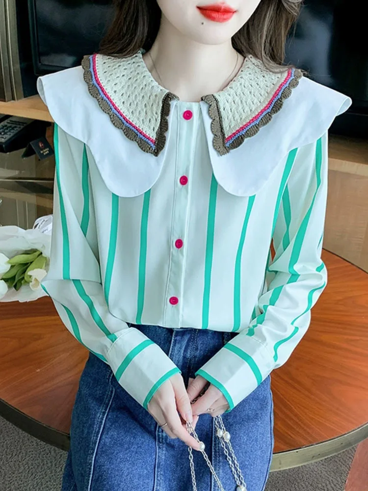 2024 Early Spring New College Style Lace Lapel Striped Long-sleeved Women Shirt