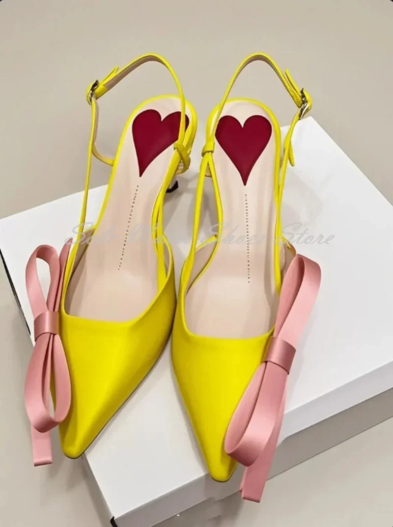 الحلو مشرق الأصفر أشار تو الصنادل كعب منخفض الساتان الوردي القوس الديكور فستان أحذية الكاحل مشبك أحذية الزفاف النسائية #2