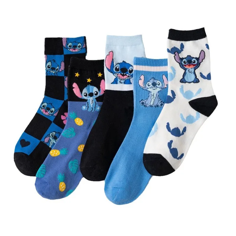 

5 Pairs of Fashionable and Trendy Cute Miniso Anime Stitch Pattern Women's Socks Comfortable and Soft Outdoor Casual Socks