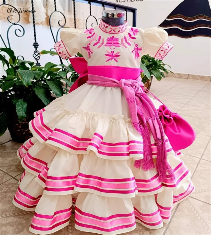 Mexican Charro Flower Girls Dress Mariachi Kids Embroidery Pageant Dress A Line Short Sleeves First Communion Party Customized