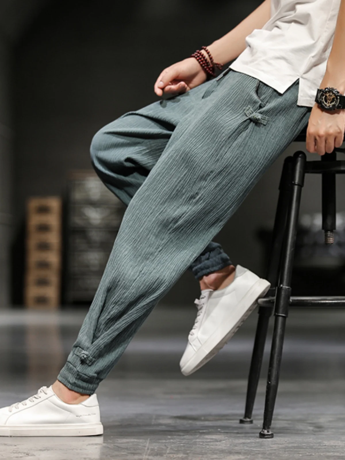 Men's Summer Casual Ice Silk Linen Pants Cotton Linen Nine-Foot Bunching Cuff Loose Fit Youthful Energy Style Fashionable Trendy