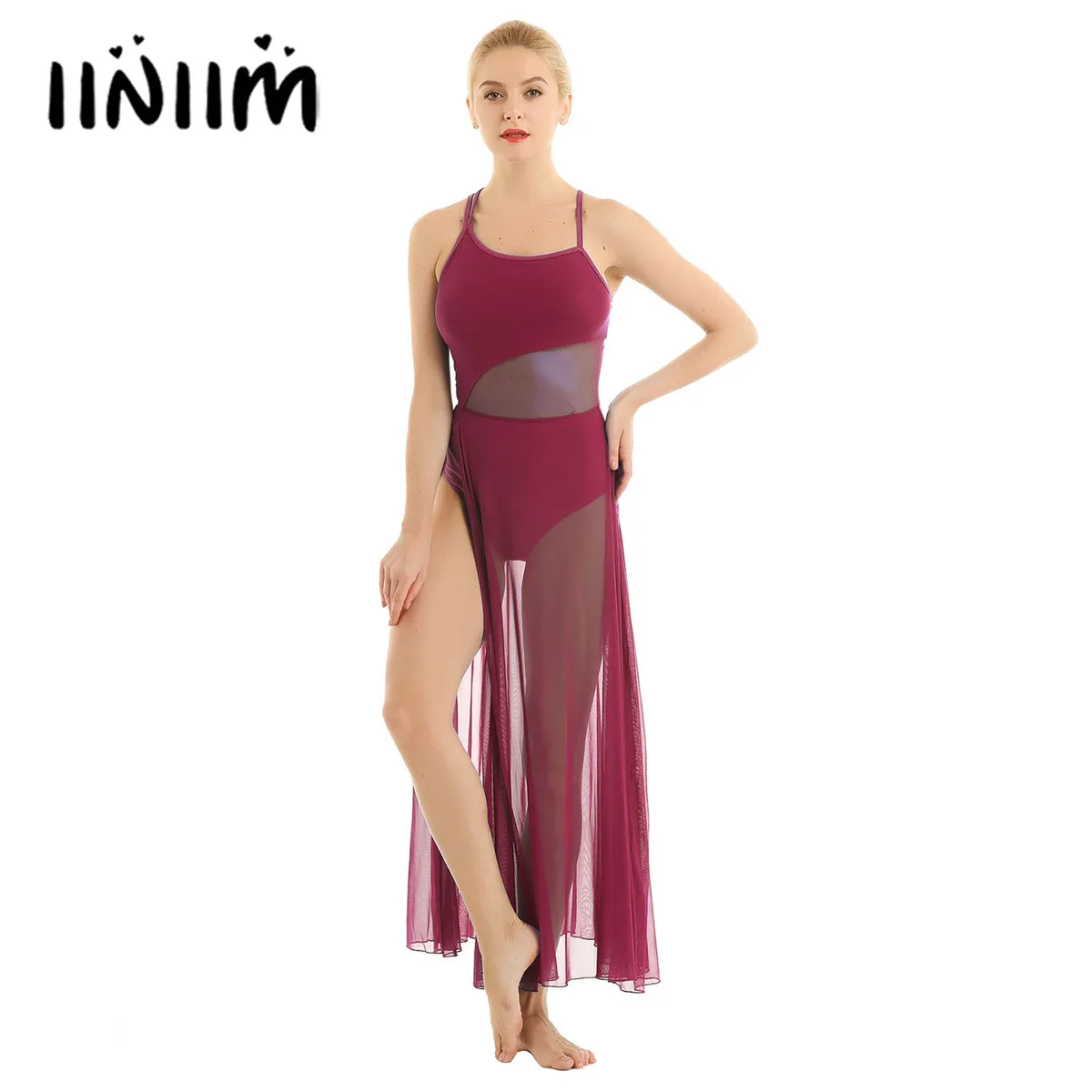 Robe de danse en maille asymétrique pour femmes adultes, lyrique, robe de danse Maxi, avec justaucorps de gymnastique intégré