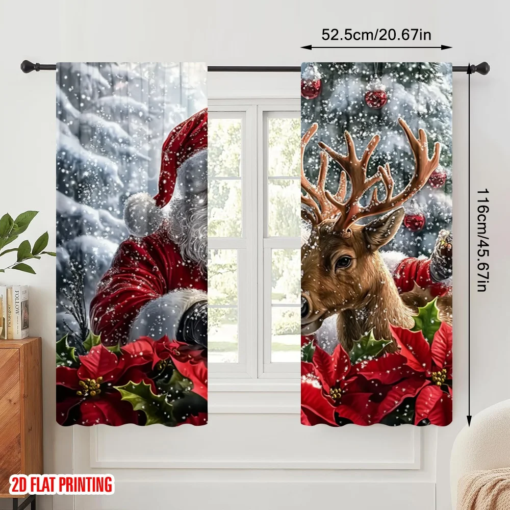 2pcs,2D plane printing Curtain Popular Santa Reindeer Poinsettia Christmas (2) Durable Polyester (without rod) Decorations