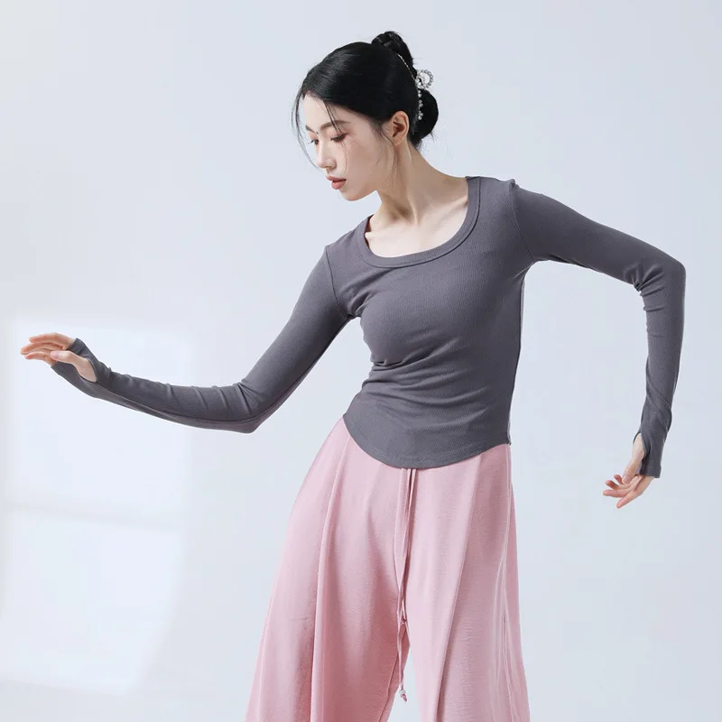 Baju dansa wanita lengan panjang, atasan Yoga dasar latihan harian klasik, baju dansa Latin balet, lengan panjang, atasan Viscose