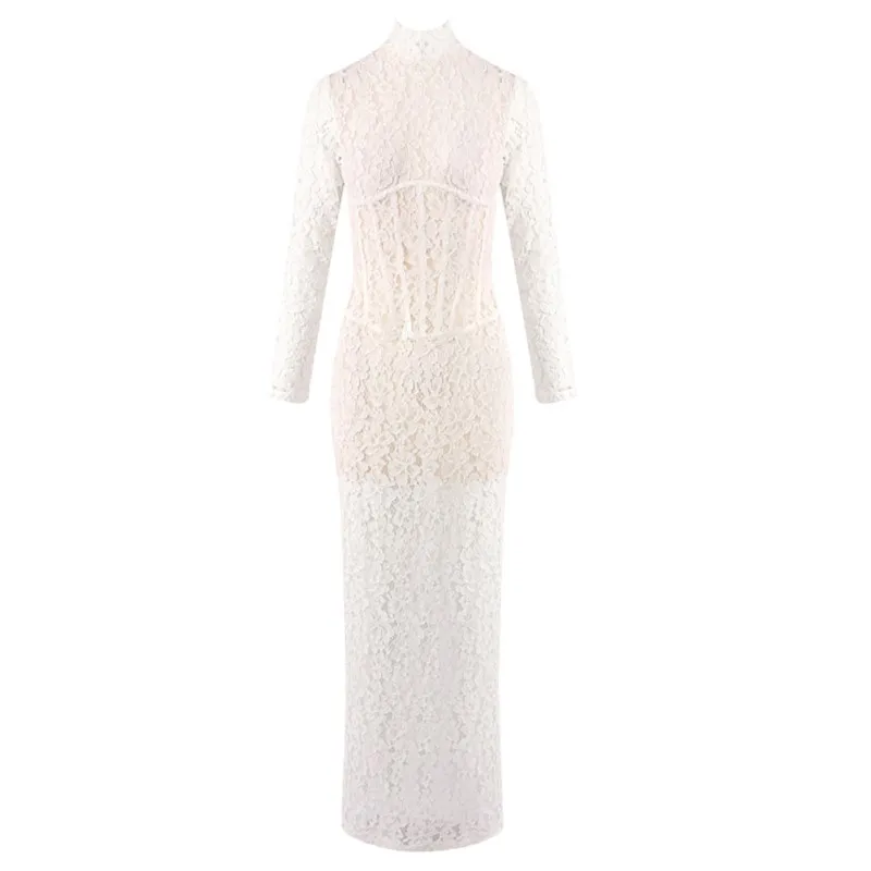 نمط جديد من فستان شفاف طويل منقوش بالدانتيل