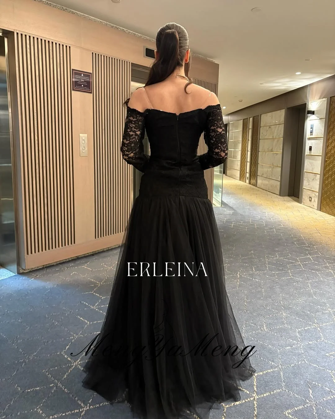 ZHUISHU ثوب مسائي أسود أنيق للنساء من الدانتيل المرقعة على شكل حرف A فساتين طويلة للحفلات الراقصة مخصصة بأكمام طويلة فستان رسمي للمناسبات #2