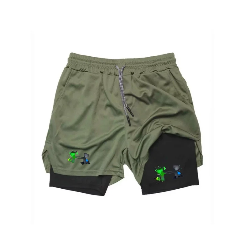Vintage Color Drip Logo Print 2-Layer Green Shorts, Lightweight Moisture-Wicking, Perfect for Workout & Casual Streetweardf0025