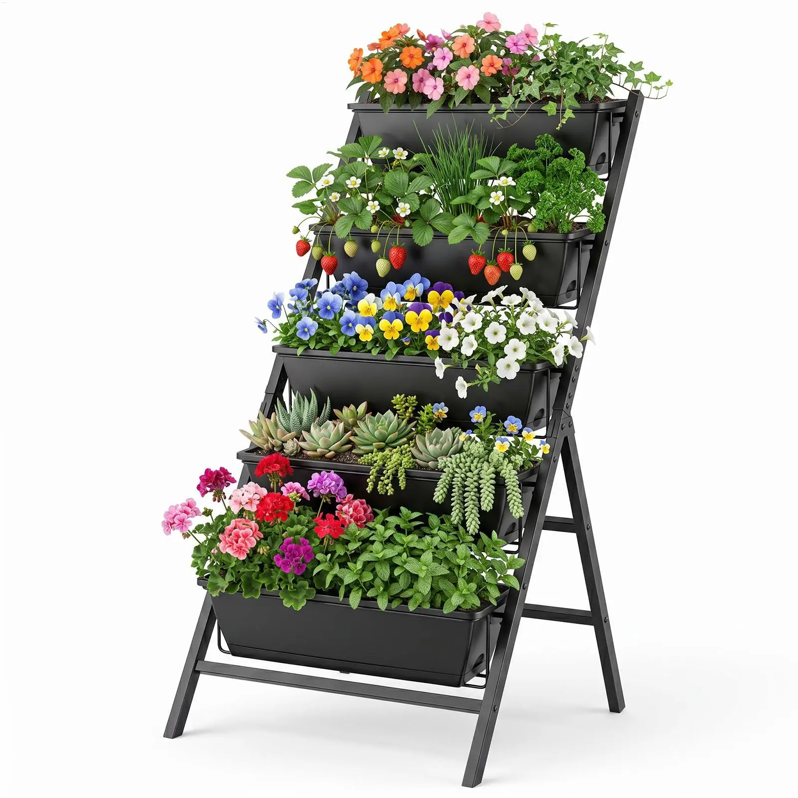 5 Tier Raised Garden Bed Planter Box Vertical Garden for Patio Balcony Flower Herb Freestanding Garden Planter Artificial Plants Indoor Outdoor