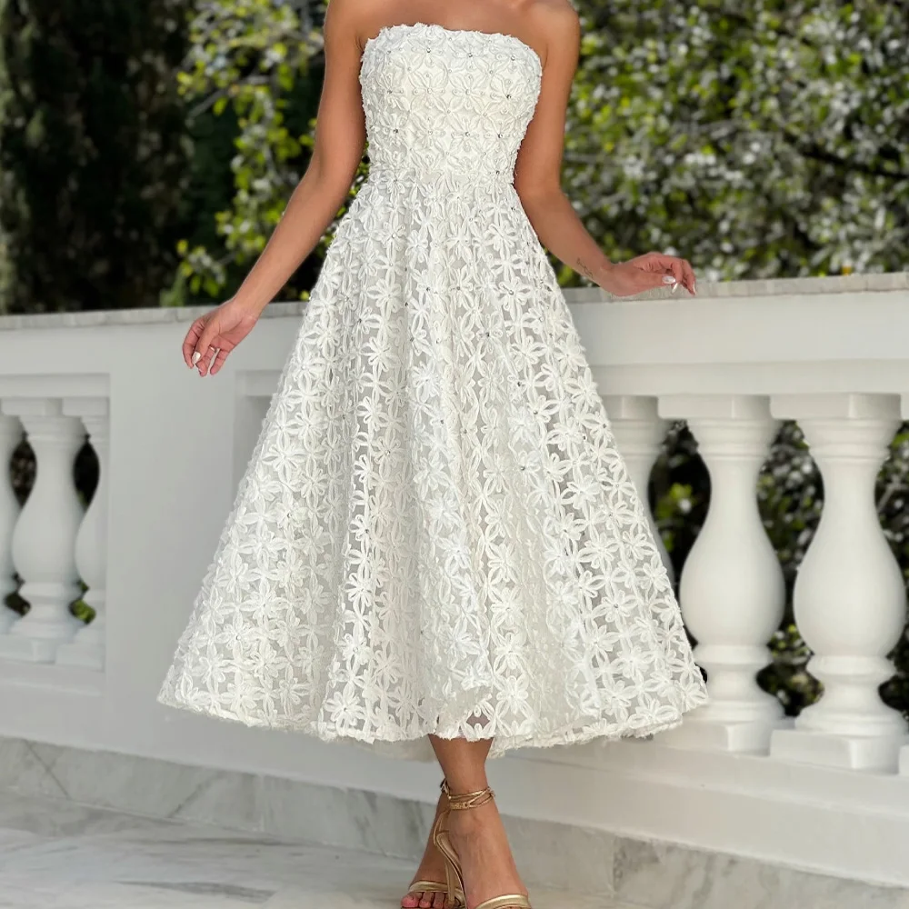 

Strapless Straight Pleats Sleeveless Tea Length Solid Color Elegant Party Dresses Woman Crystal Dresses For Formal Occasions