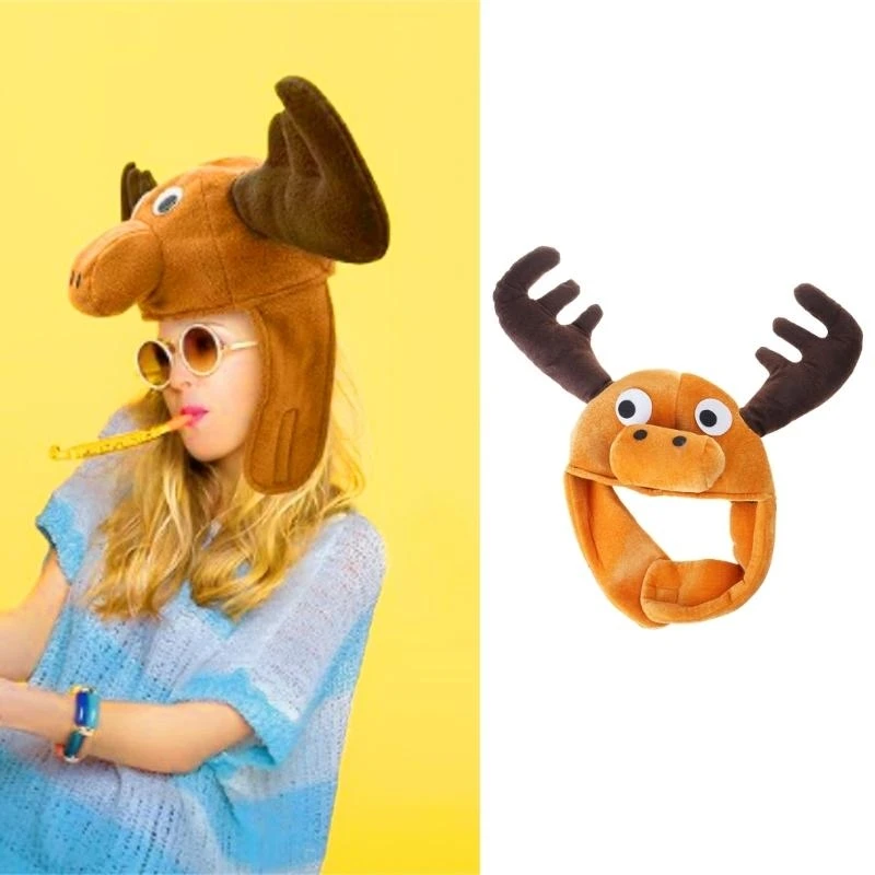 

Reindeer Moose Plush Hat with Lovely Animal Ears Comfortable and Fun Headcover Animal Hat for Everyone Wear 6XDA