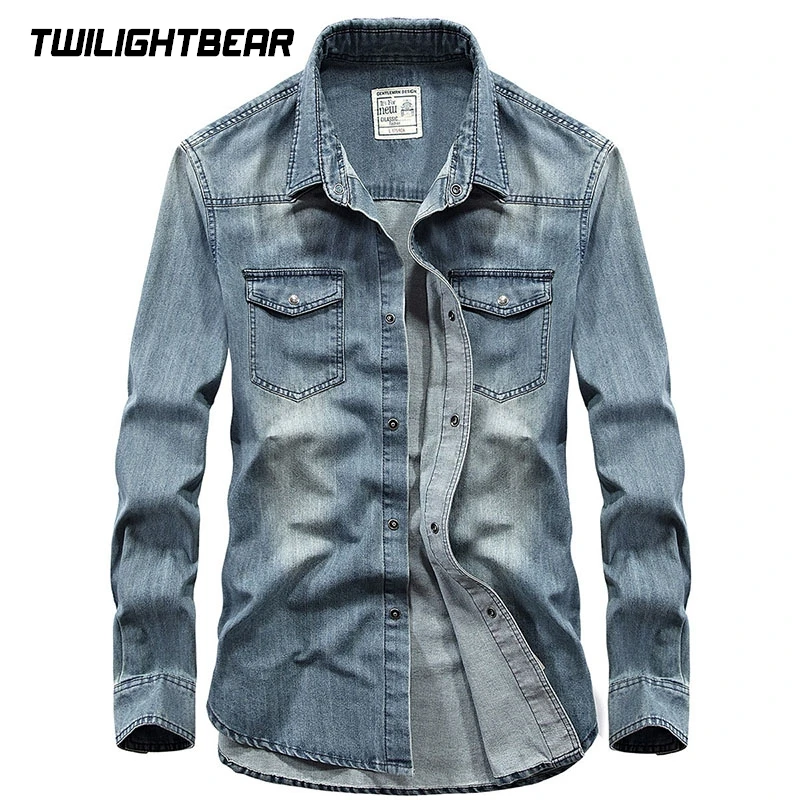 High Quality Men\'s Denim Shirt Long Sleeve Oversized Pure Cotton Overshirt Solid Casual Shirts Men Clothing  4XL A2F6522