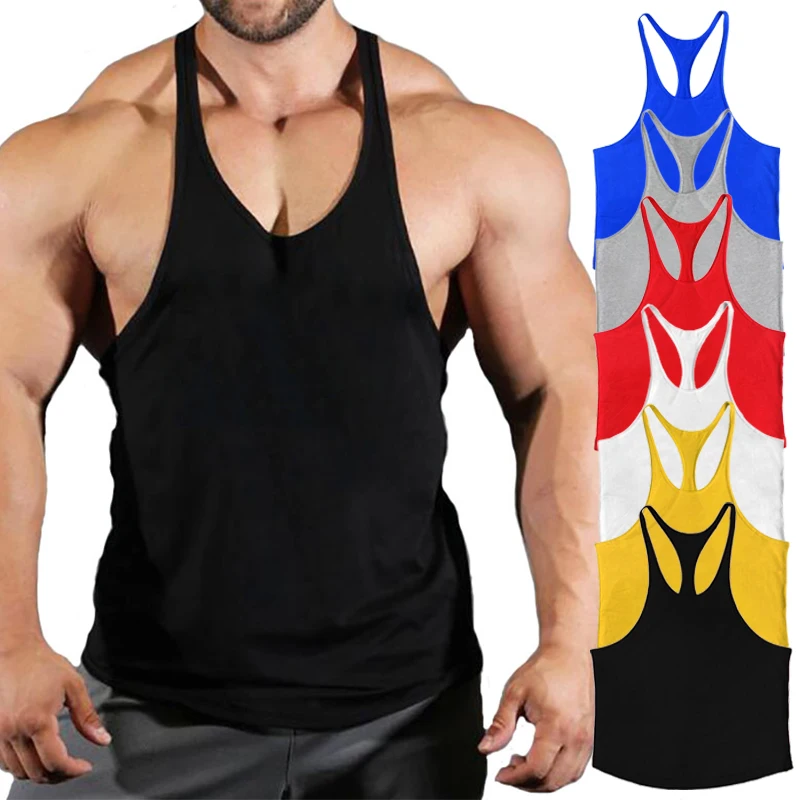 Mens Gym Workout Athletic Stringer Tank Tops Muscle Training Bodybuilding Sports Y-Back Vest Summer Fitness Cotton Undershirts