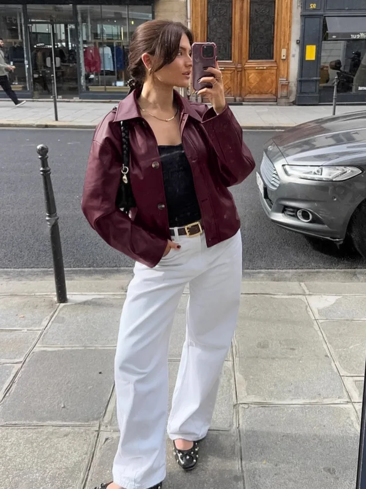 PU-Lederjacke mit Flip-Kragen, Damenmantel, Herbst, kurzer Stil, lockerer amerikanischer Stil, Retro-Motorrad-Anzug, 2025, neues modisches Oberteil