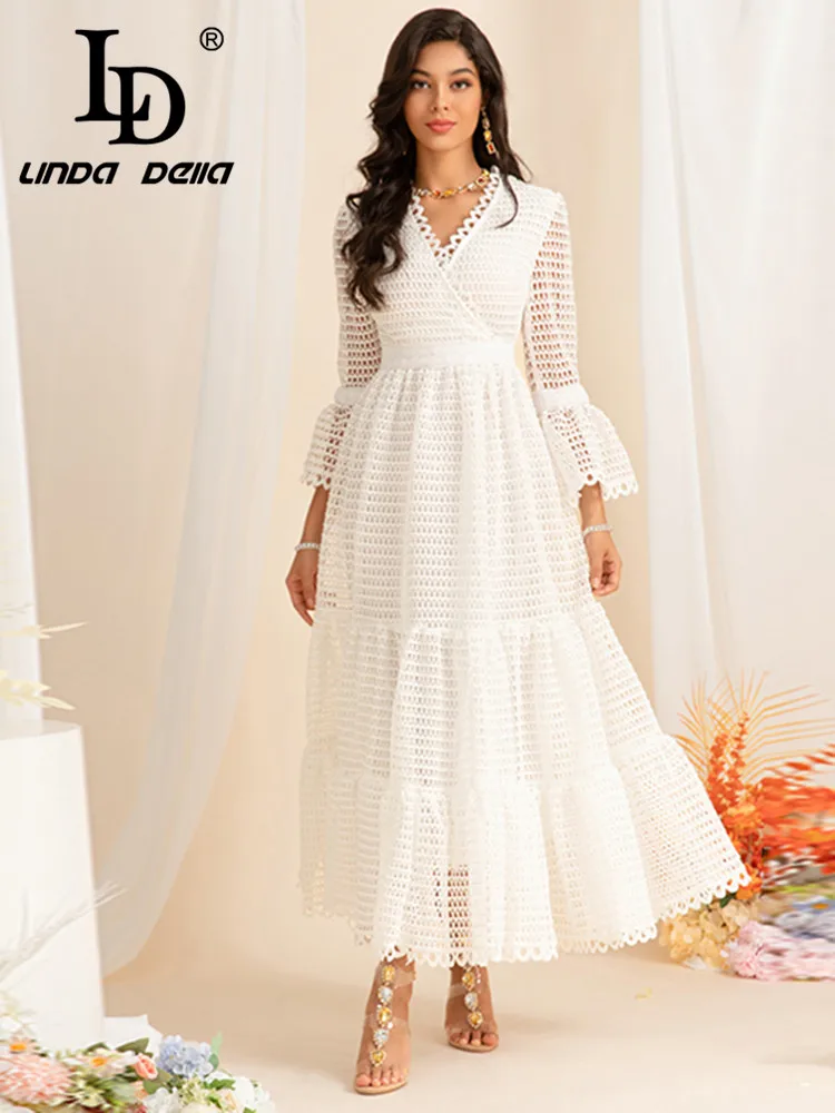 LD LINDA DELLA 2024 Early Spring Leisure French and American Women's Elegant Hollow Lace Splicing Big Swing Long Dress