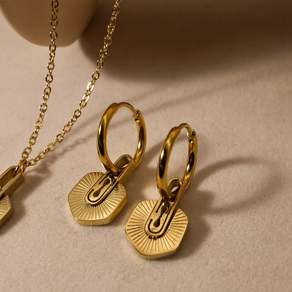 WILD & FREE Trendy Geometric Hexagonal Pendant Stainless Steel Necklace Vintage Drop Earrings Women Jewelry Set