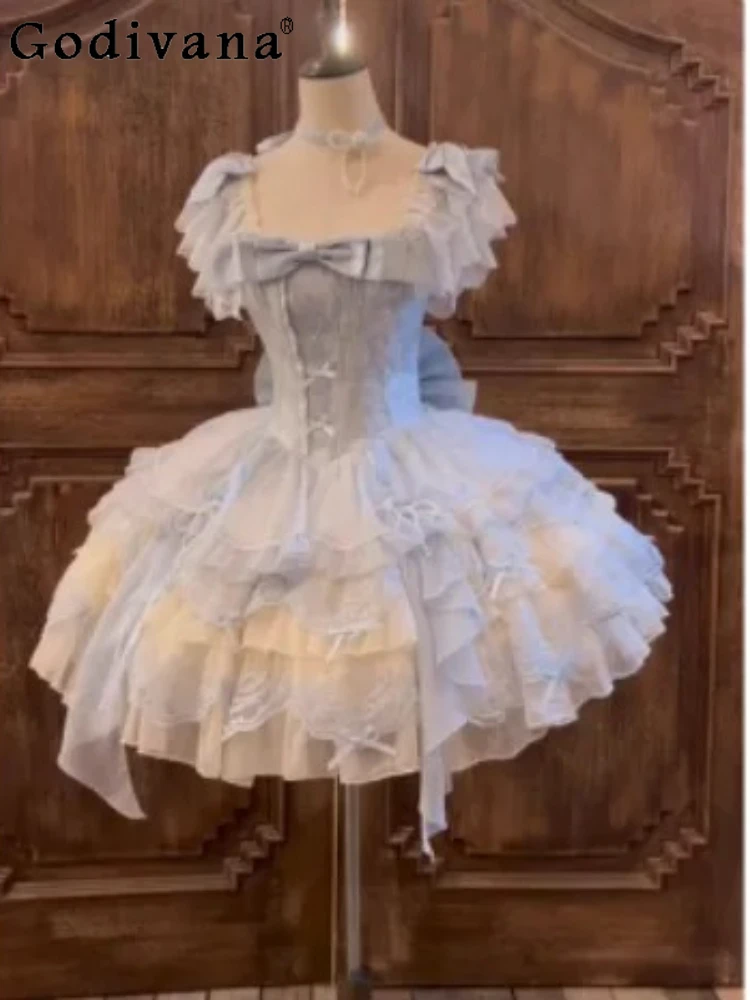 Blue Ballet Exquisite Embroidery Lolita Bow Princess Dress Girl Sweet Ruffles Elegant Square Neck High Waist A-line Cake Dresses