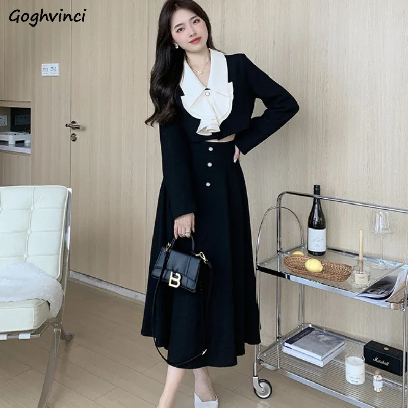 Women Sets Skirts High Waist Mid-length Solid Coats Turn-down Collar Patchwork Temperament Two-piece Outfits Spring Mujer Classy