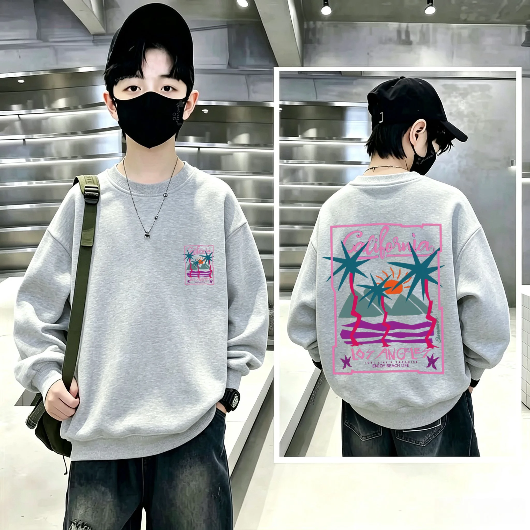 Autumn Winter California Los Angeles PalmTreeSunFront &BackPrintBoysGirlsLongSleevePulloverTopsChildren Streetwear Warm Sweater