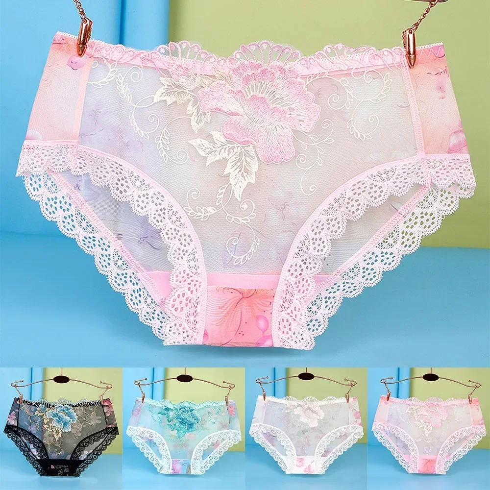 Women Sexy Lace Embroidery Panties Briefs Transparent Plus Size Underwear Skin-Friendly Briefs Lingerie For Ladies Underpanties