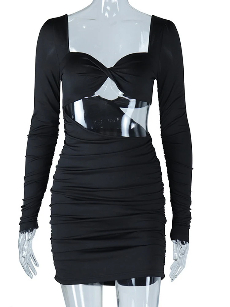 Beyprern ​Women's White Cutout Long Sleeve Ruched Bodycon Dress Sexy Solid Hollow Out Backless Night Clubwear Outfits