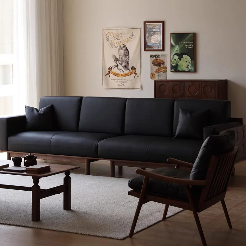 Black walnut sofa medium antique leather first layer sofa retro quadruple French bed 2