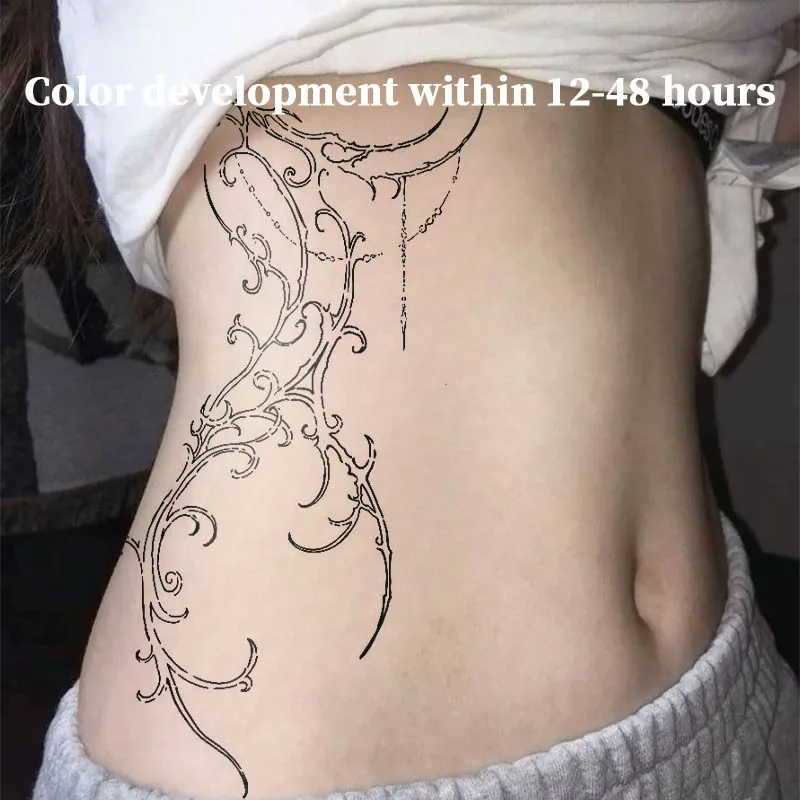 Curly Vine Herbal Juice Temporary Tattoo Sticker For Women Waist Side Body Art Waterproof Fake Tattoo Non-reflective Body Decor