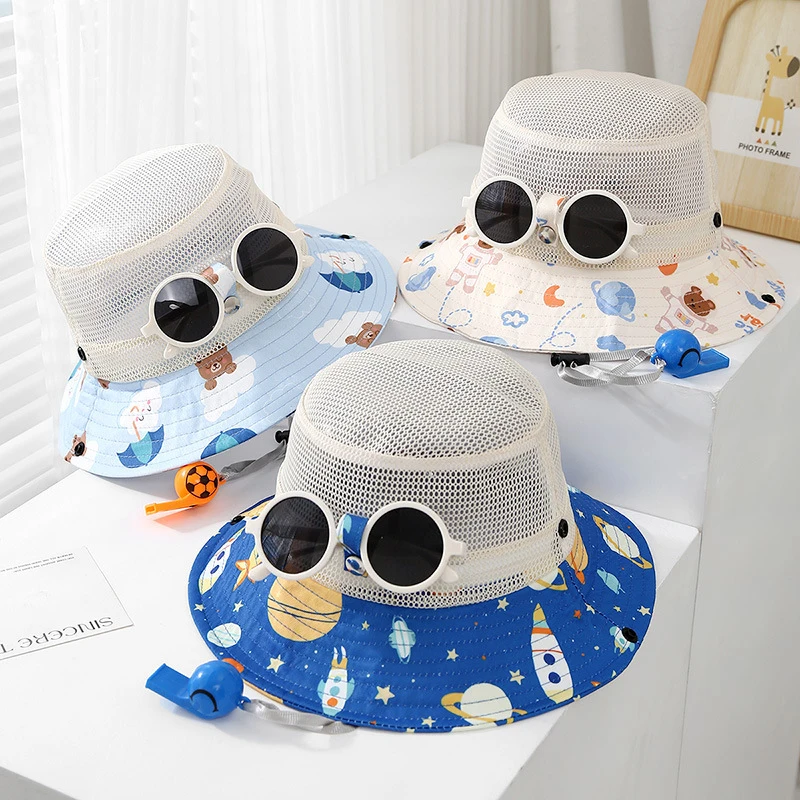 

Kids Summer Sun Hat Set Fashion Baby Mesh Fisherman Cap Detachable Sunscreen Glasses 3-8Year Children Outdoor Sunshade Visors