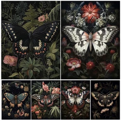 Woodland Dark-Blue Moth And Butterfly Vintage Wall Art Canvas Print Goblincore Floral Dark Academia Art Poster Print Decoration