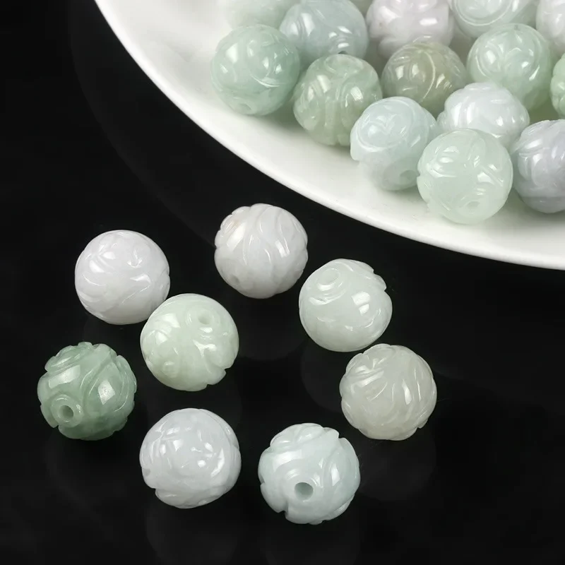 3PC Natural Jade Emerald Lotus Carved Beads 13mm DIY Accessories Bangle Charm Jewellery Fashion  Hand-Carved  Luck Amulet