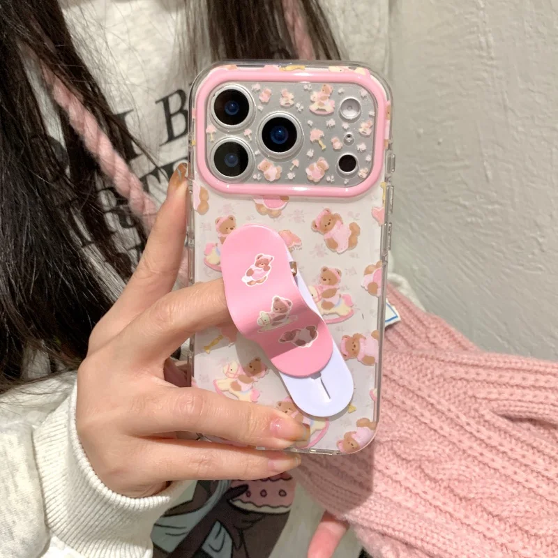

Cute Cartoon Horse Bear Phone Case For iPhone 17 Pro 16 14 15 Pro Max Cover with Stand Shockproof Protective Cases For Apple 16