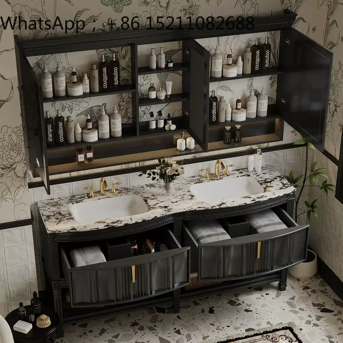 SCY luxury stone retro floor-to-ceiling bathroom cabinet combination bathroom washstand double basin smart mirror
