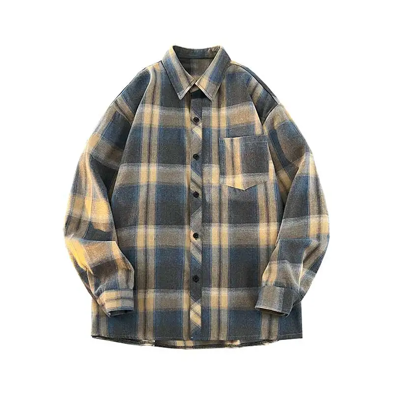 Spring Autumn Turn-down Collar Men\'s Clothing Long Sleeve Checkered Contrast Color Cardigan Button Up Shirt Casual Vintage Tops