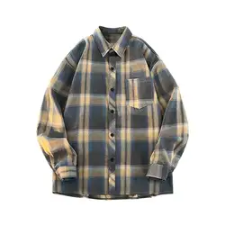 Spring Autumn Turn-down Collar Men's Clothing Long Sleeve Checkered Contrast Color Cardigan Button Up Shirt Casual Vintage Tops