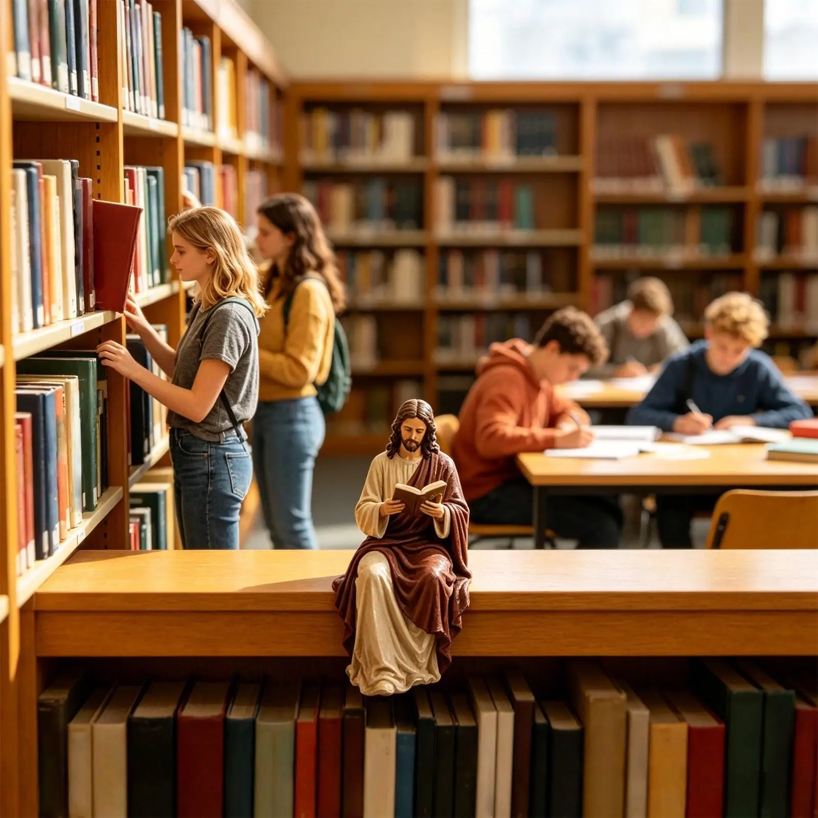 Sitting Jesus Figurine Resin Jesus Reading Book Statue Hand Painted Christian Decor for Home Library Bookshelf Desk
