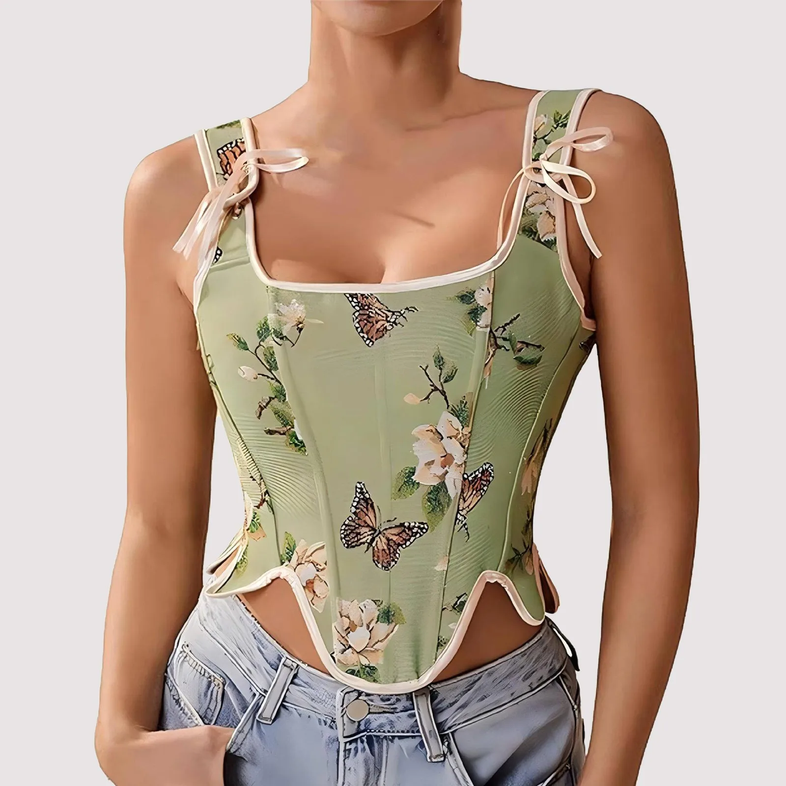 Sexy Floral Print Women Crop Tops Summer Fashion Bow Decorate Corset Brust French StyleVintage Fishbone Irregular Lingereis Tops