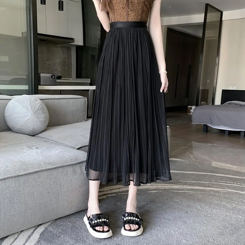 A-line Skirt Elegant Women's Pleated Skirt Collection Elastic Waistband Midi Skirt A-line Solid Color with for Daily for Every