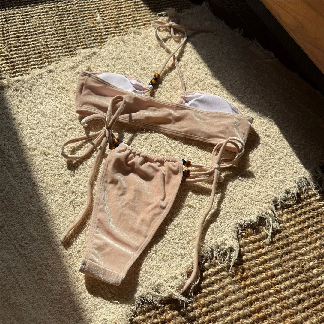 Halter Bikini mit hohem Beinausschnitt, zweiteiliger Badeanzug für Damen, gepolsterter Badeanzug mit Trägern, Badebekleidung, Modell V6973. – Detail 7